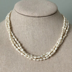 14K Yellow Gold Genuine Cream Pearl Triple Strand Multi Row Necklace 16"